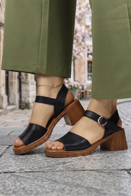 Sandale cu Toc din Piele Naturala Negre - VINA BLACK