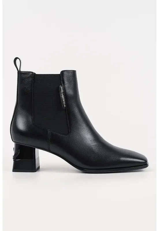 Botine din piele cu varf patrat si logo in relief pe toc - Negru