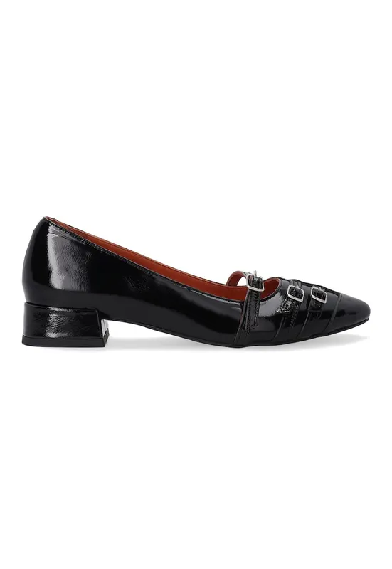 Pantofi din piele lacuita cu toc masiv si catarame decorative