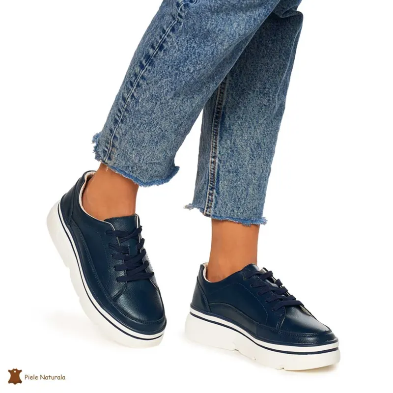 Pantofi Casual de dama din Piele naturala cu talpa groasa CRL1319NAVY
