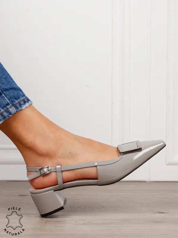 Pantofi dama eleganti din piele naturala cu toc gros mic CRL1615 Gri