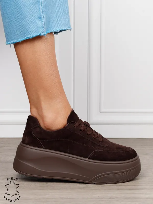 Pantofi casual damă din piele întoarsă naturală cu siret CRL1822 CAFENIU