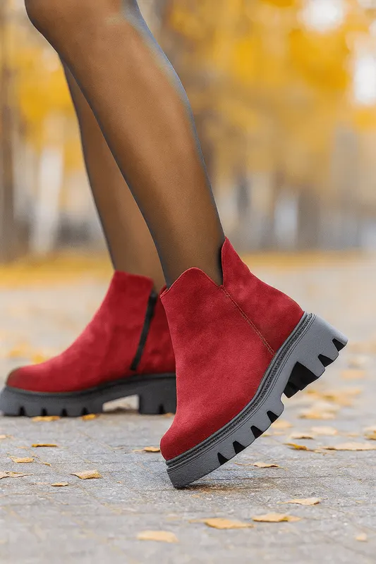 Ghete Casual din Piele Intoarsa Bordo cu Fermoar - FATI