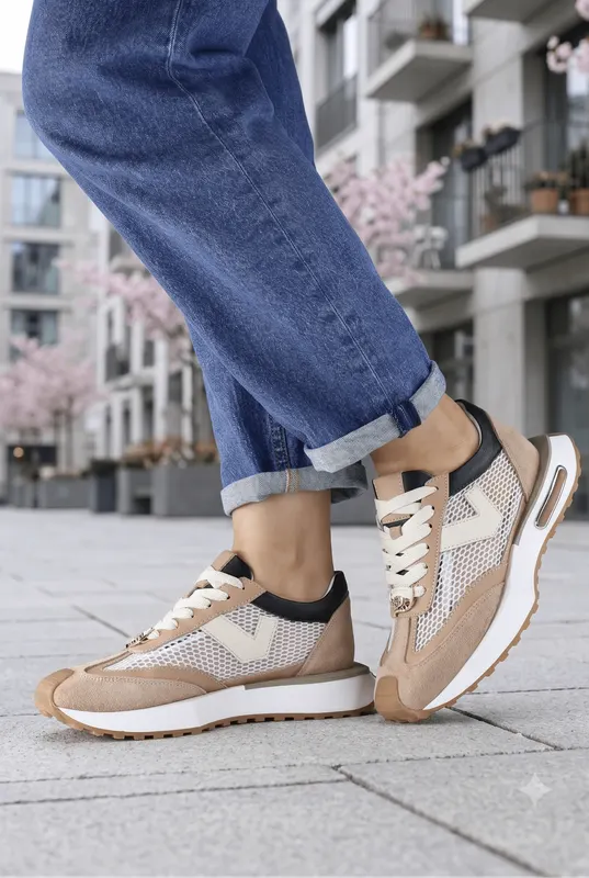Sneakers din Piele Bej cu Alb - JOYCE BEIGE