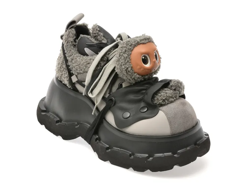 Pantofi sport gri, 6116, din material textil si piele naturala