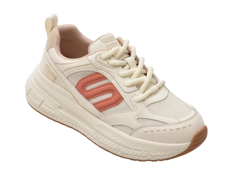 Pantofi sport albi, 5155, din material textil si piele naturala