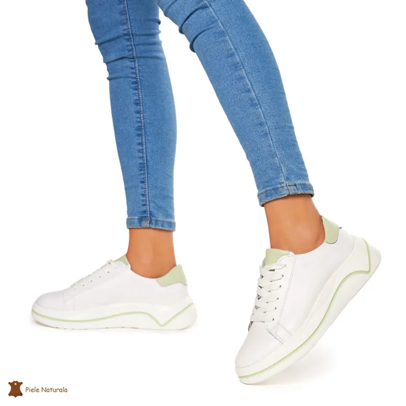 Pantofi Casual dama din Piele Naturala CRL0059 ALB CU VERDE