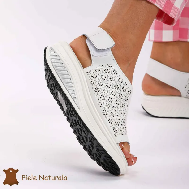 Pantofi Perforati dama din Piele Naturala cu talpa inalta CRL0187 ALB