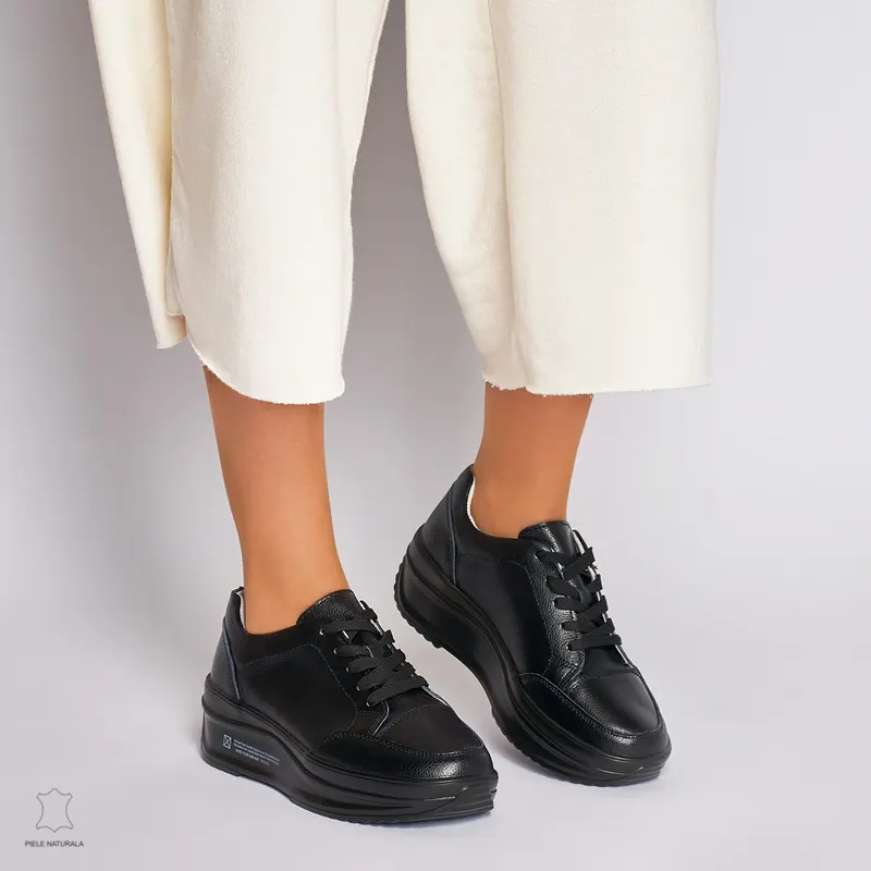 Pantofi Casual dama din Piele naturala cu talpa groasa CRL0039 negru