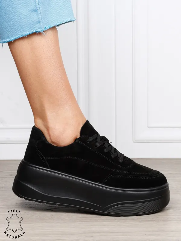 Pantofi casual damă din piele întoarsă naturală cu siret CRL1822 NEGRU