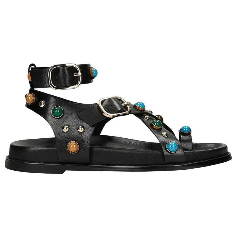 Sandale negre din piele cu ornamente colorate