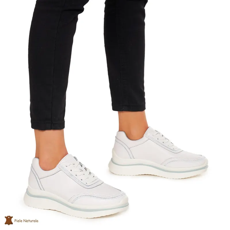 Pantofi casual dama din Piele naturală CRL1325 ALB CU ALBASTRU