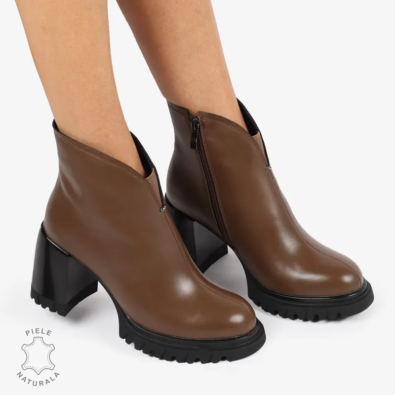 Botine Dama piele naturala cu toc Gros si Talpa Aderenta CRL1236 Khaki