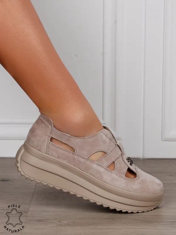 Sandale dama din Piele Naturala Intoarsa cu talpa inalta CRL1558 KHAKI