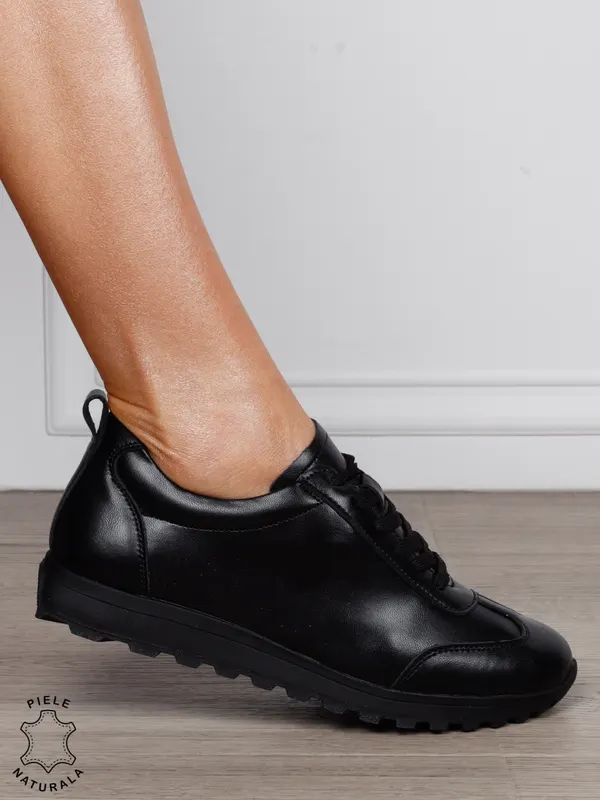 Pantofi Casual Damă din Piele Naturală cu Șiret și Talpă Comfort CRL1302 NEGRU