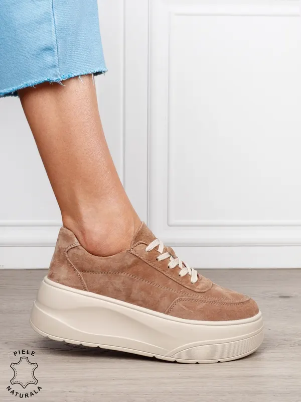 Pantofi casual damă din piele întoarsă naturală cu siret CRL1822 KHAKI