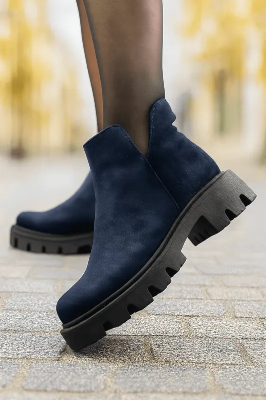 Ghete Casual din Piele Intoarsa Bleumarin cu Fermoar - FAME