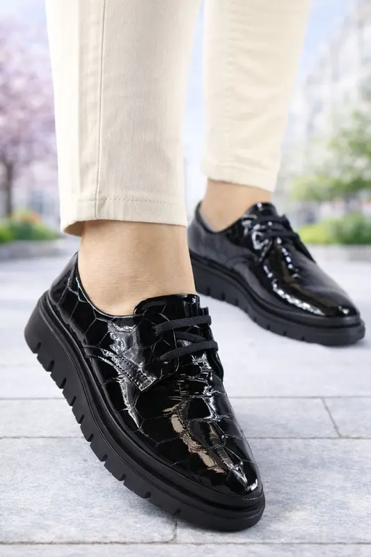Pantofi Casual din Piele Negri cu Siret- FLOA CROC