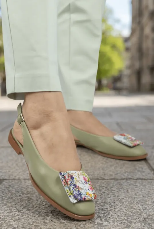 Balerini Decupati din Piele cu Accesoriu - XERA AVOCADO