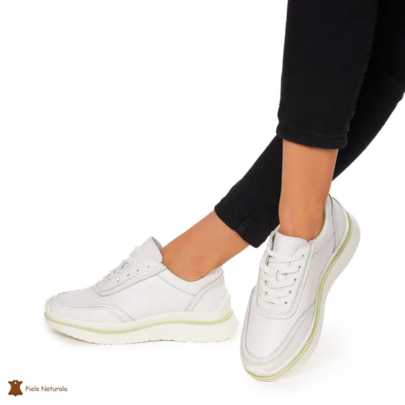 Pantofi casual dama din Piele naturală CRL1325 ALB CU VERDE
