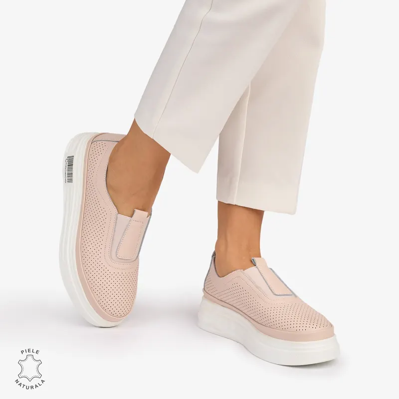 Pantofi Casual dama din Piele Naturala Perforata cu elastic frontal CRL1068 CULOARE: ROZ