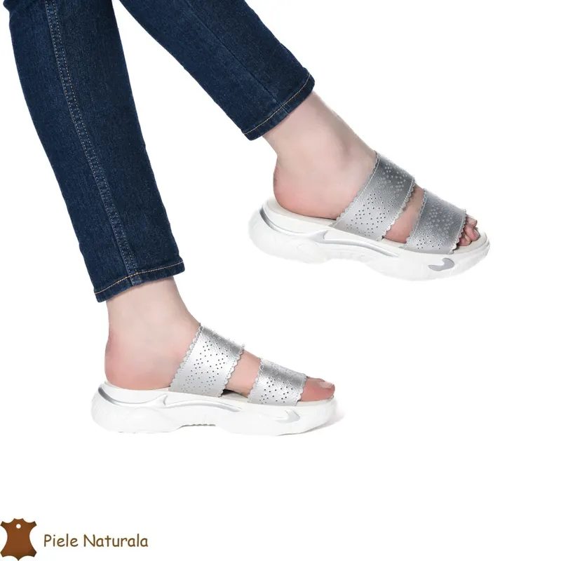 Papuci dama din Piele naturala perforata CRL0124 ARGINTIU