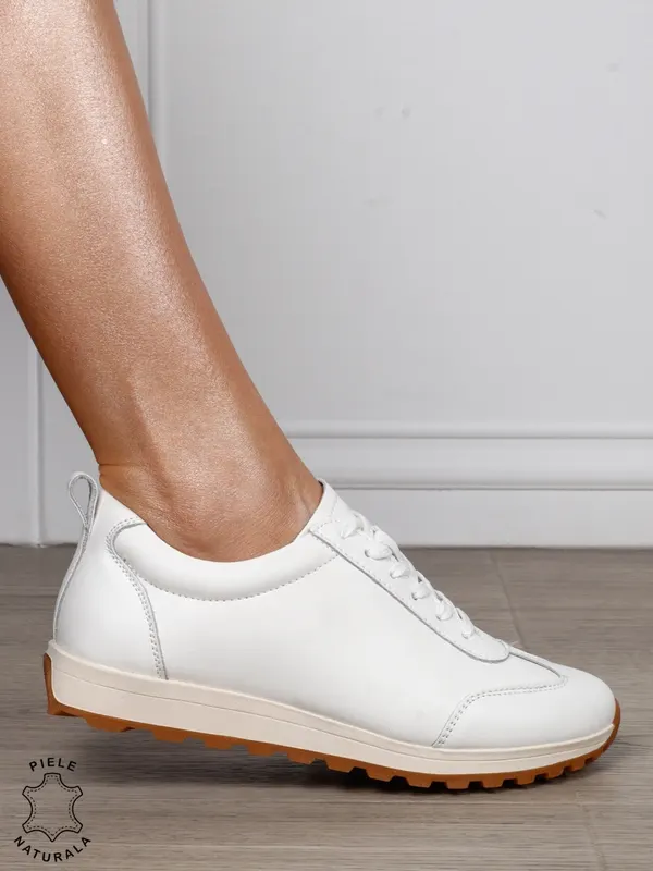 Pantofi Casual Damă din Piele Naturală cu Șiret și Talpă Comfort CRL1302 ALB