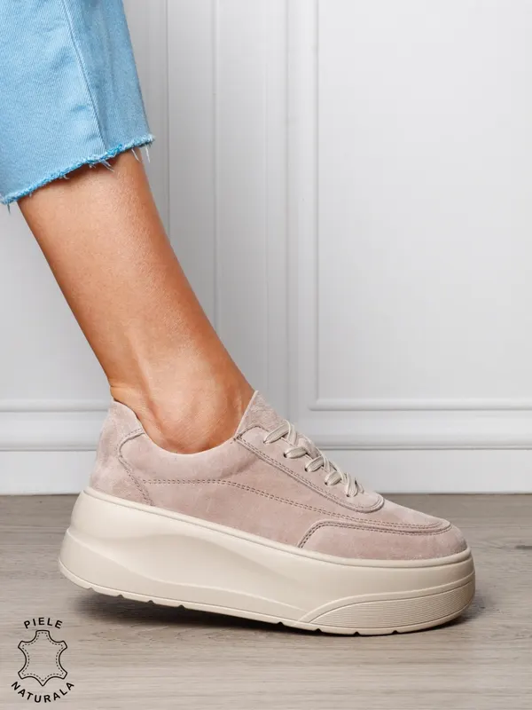 Pantofi casual damă din piele întoarsă naturală cu siret CRL1822 BEJ