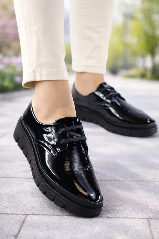 Pantofi Casual din Piele Negri cu Siret - FLOA LAC