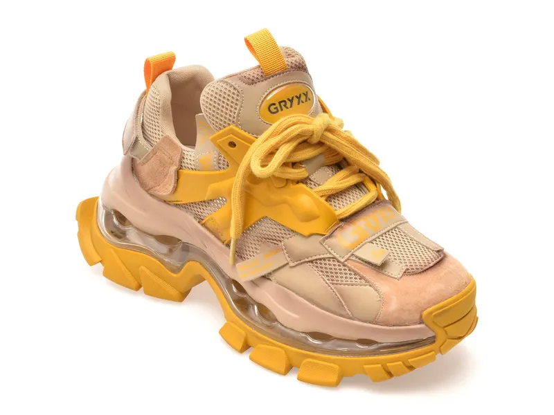 Pantofi sport galbeni, 666128, din material textil si piele naturala