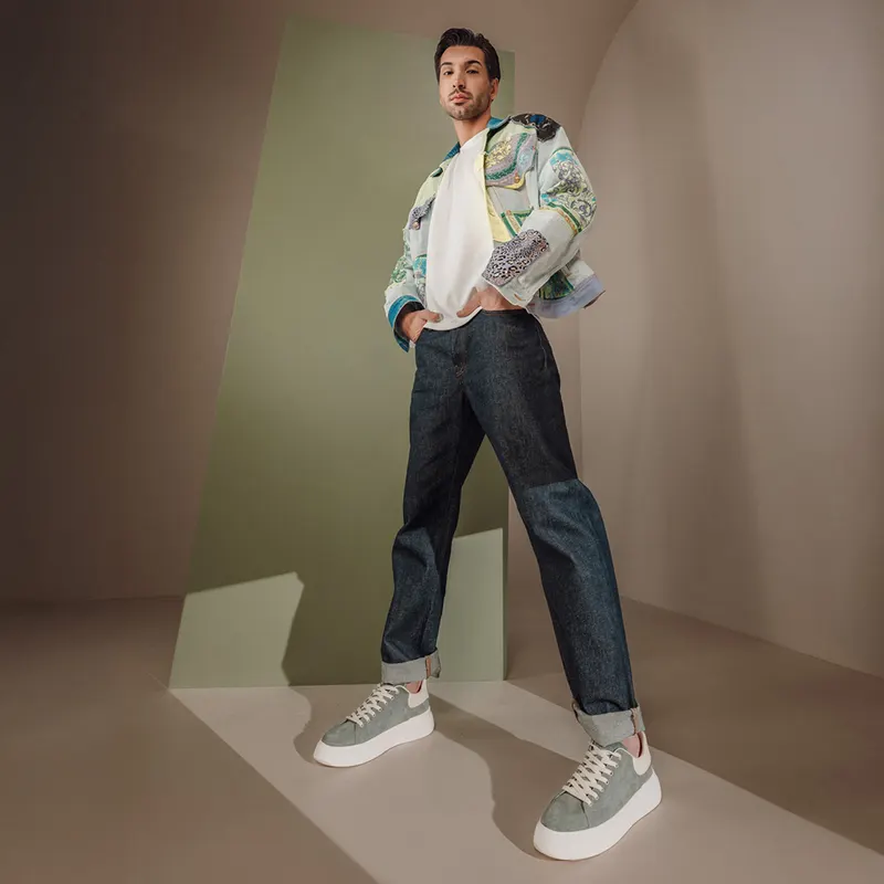 Sneakers ușori bărbați verzi din piele întoarsă 1921BP0079VV — imaginea 2