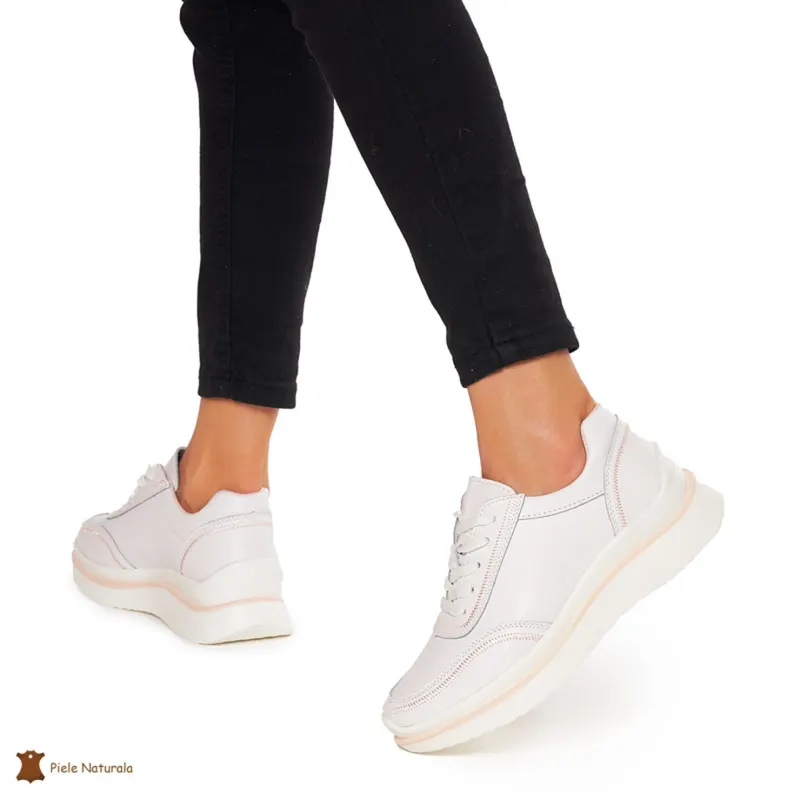 Pantofi casual dama din Piele naturală CRL1325 ALB CU ROZ