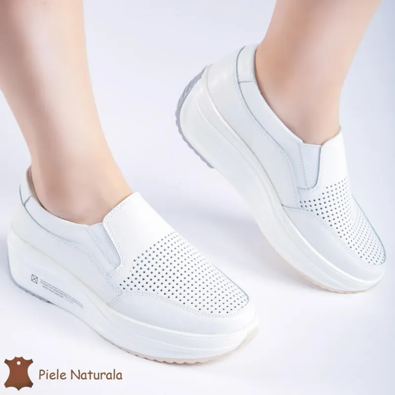 Pantofi Casual de dama perforati din Piele Naturala cu talpa inalta CRL0165
