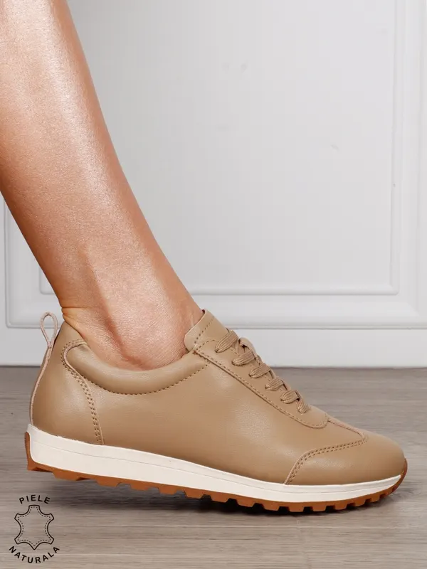 Pantofi Casual Damă din Piele Naturală cu Șiret și Talpă Comfort CRL1302 KHAKI