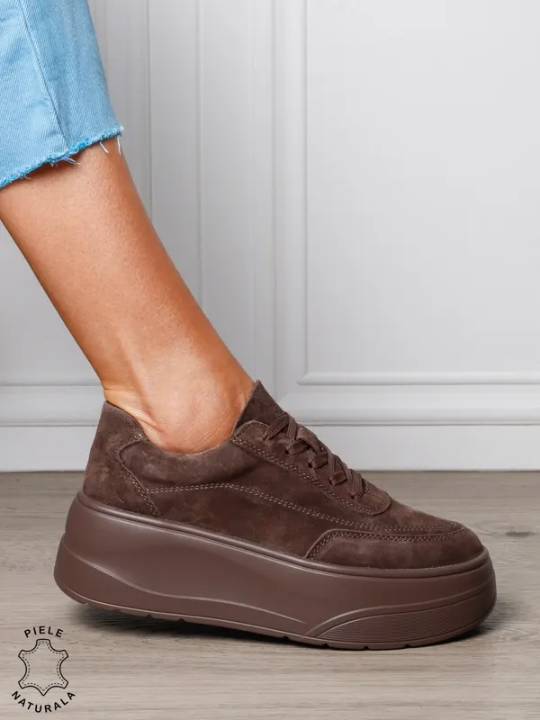 Pantofi casual damă din piele întoarsă naturală cu siret CRL1822 MARO