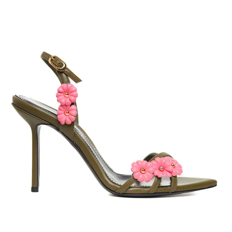 Sandale Amelie Piele Naturala, Kaki/Roz - Premium Collection