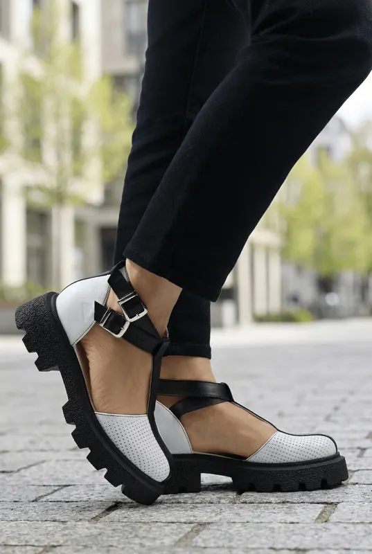Sandale din Piele Alba Decupate cu Barete - Nayla WHITE