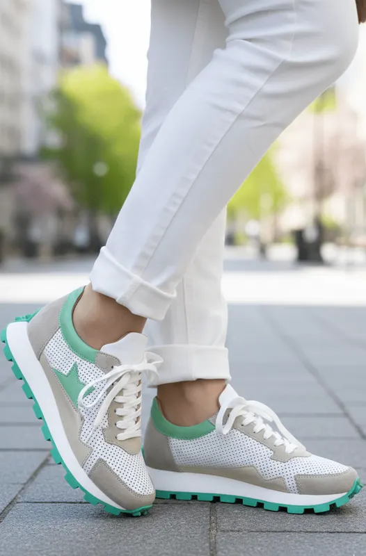 Sneakers Dama Din Piele Albi cu Bej - VEO GREEN