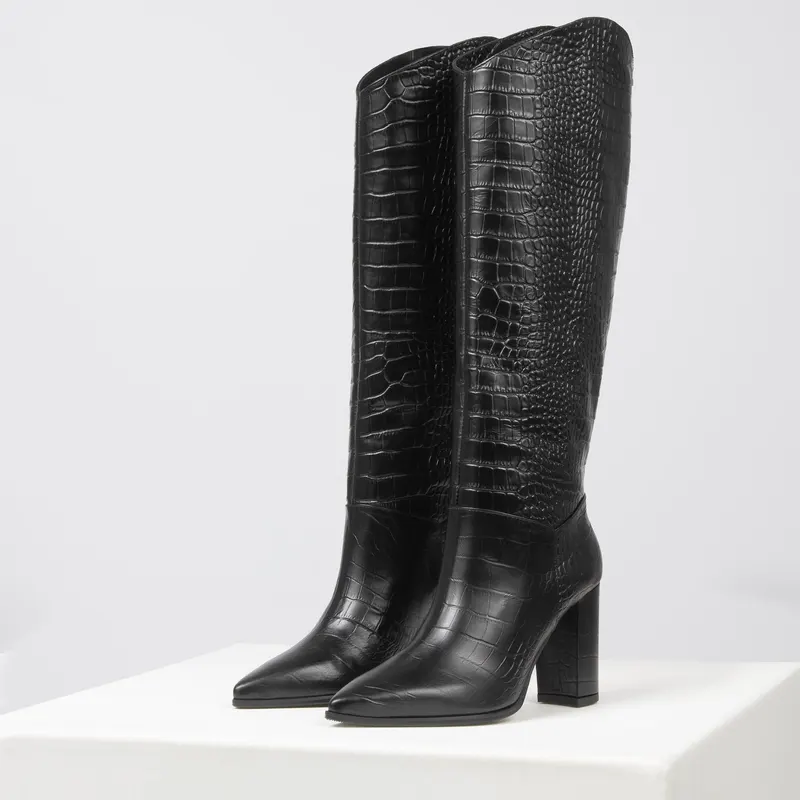 Cizme PREMIUM negre cu relief în piele crocodil damă