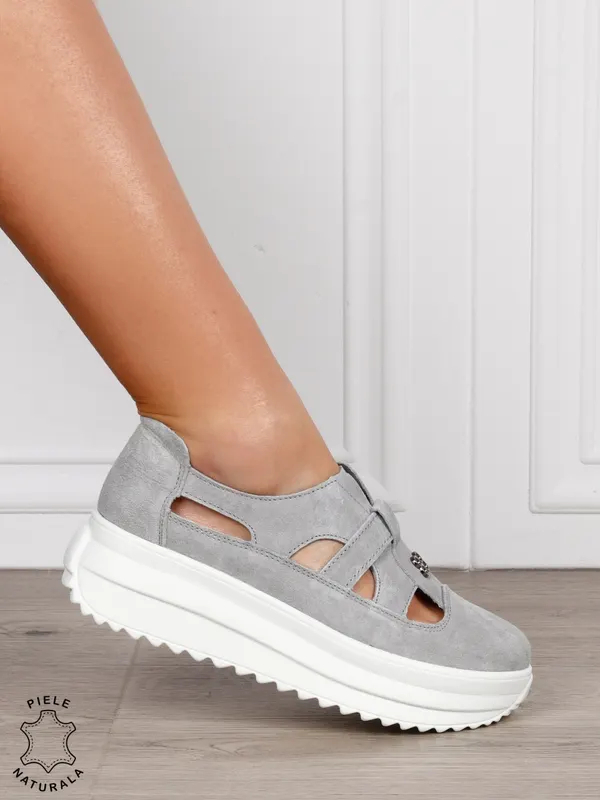 Sandale dama din Piele Naturala Intoarsa cu talpa inalta CRL1558 GRI