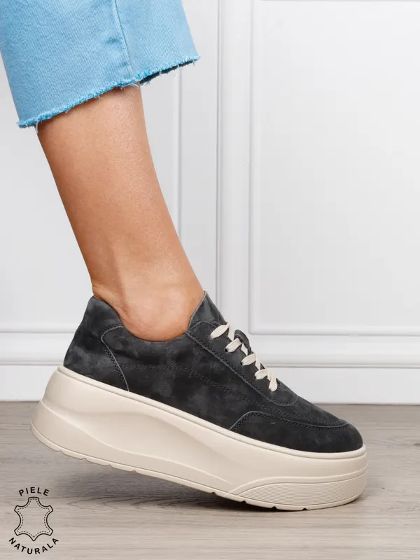 Pantofi casual damă din piele întoarsă naturală cu siret CRL1822 GRI