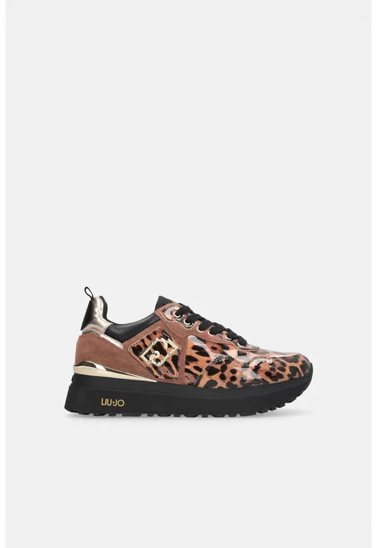 Pantofi sport flatform de piele intoarsa cu animal print - Maro