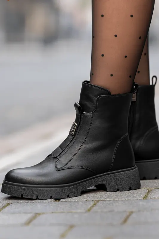 Gheata Casual Dama din Piele Negru cu Accesoriu - VELA