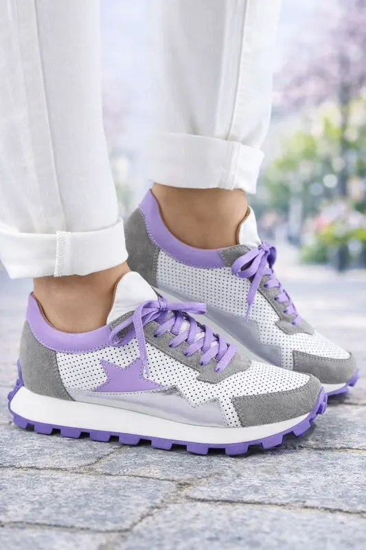 Sneakers Dama Din Piele Albi cu Bej - VEO LILA