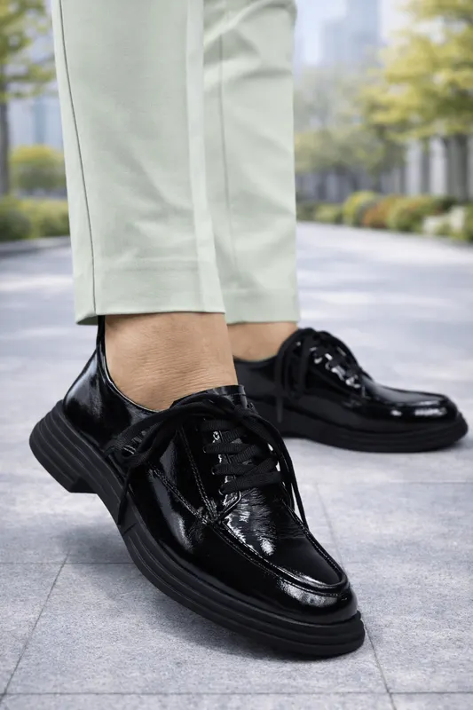 Pantofi Casual din Piele cu Siret Negri - ANTYA LAC