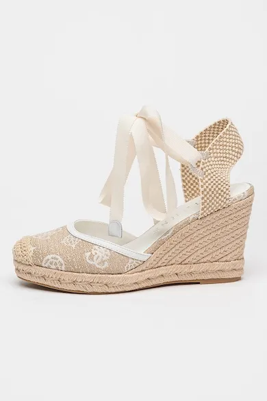 Espadrile wedge cu model monograma - Alb/Alb fildes/Bej