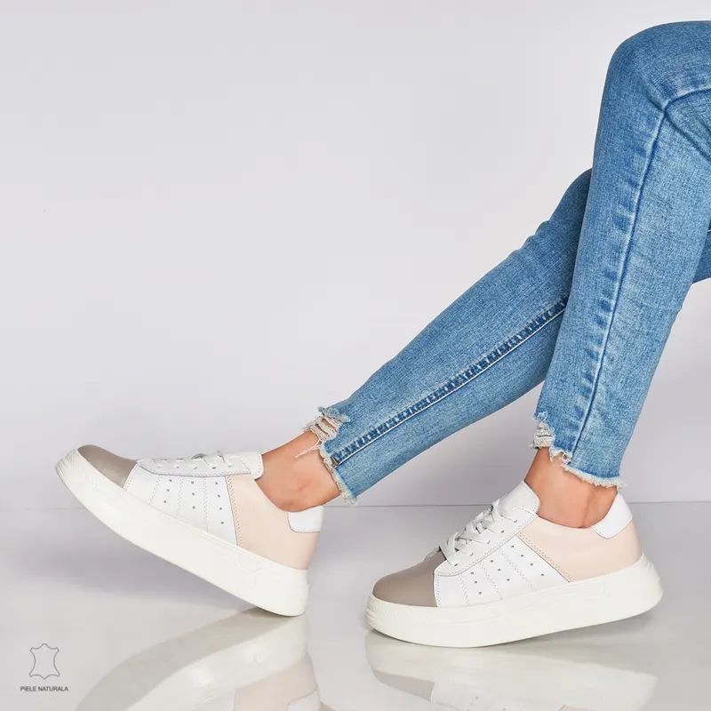 Pantofi Casual dama din Piele naturala cu talpa groasa Multicolor CRL0040ALB CU ROZ