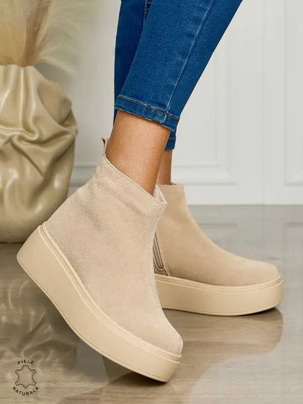 Ghete casual din piele naturală intoarsa cu talpa solida cu fermoar CRL1511 BEJ