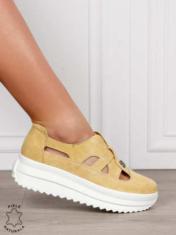 Sandale dama din Piele Naturala Intoarsa cu talpa inalta CRL1558 GALBEN