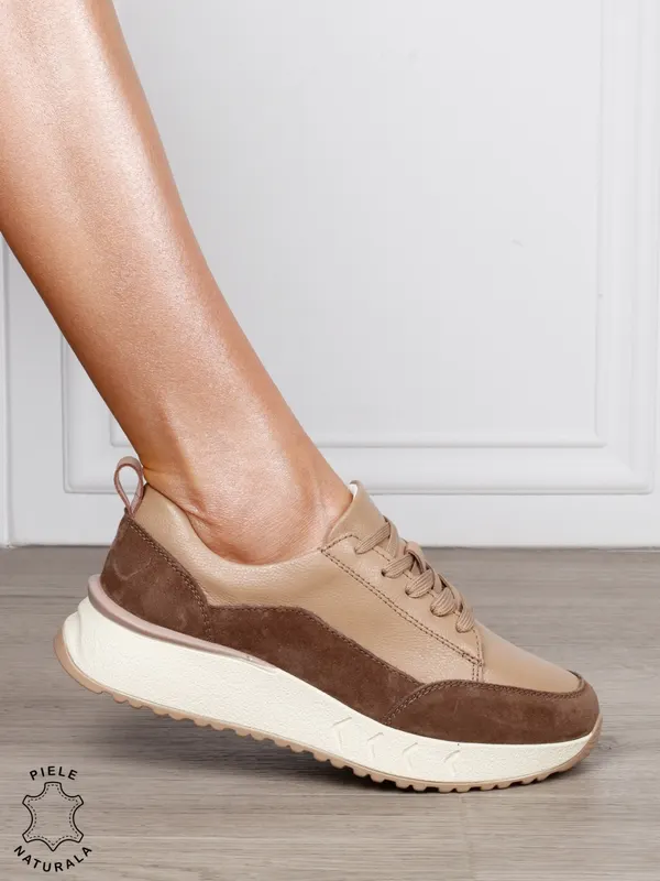 Pantofi Casual Damă din Piele Naturală cu Șiret și Design în Combinație de Culori CAMEL CRL1800